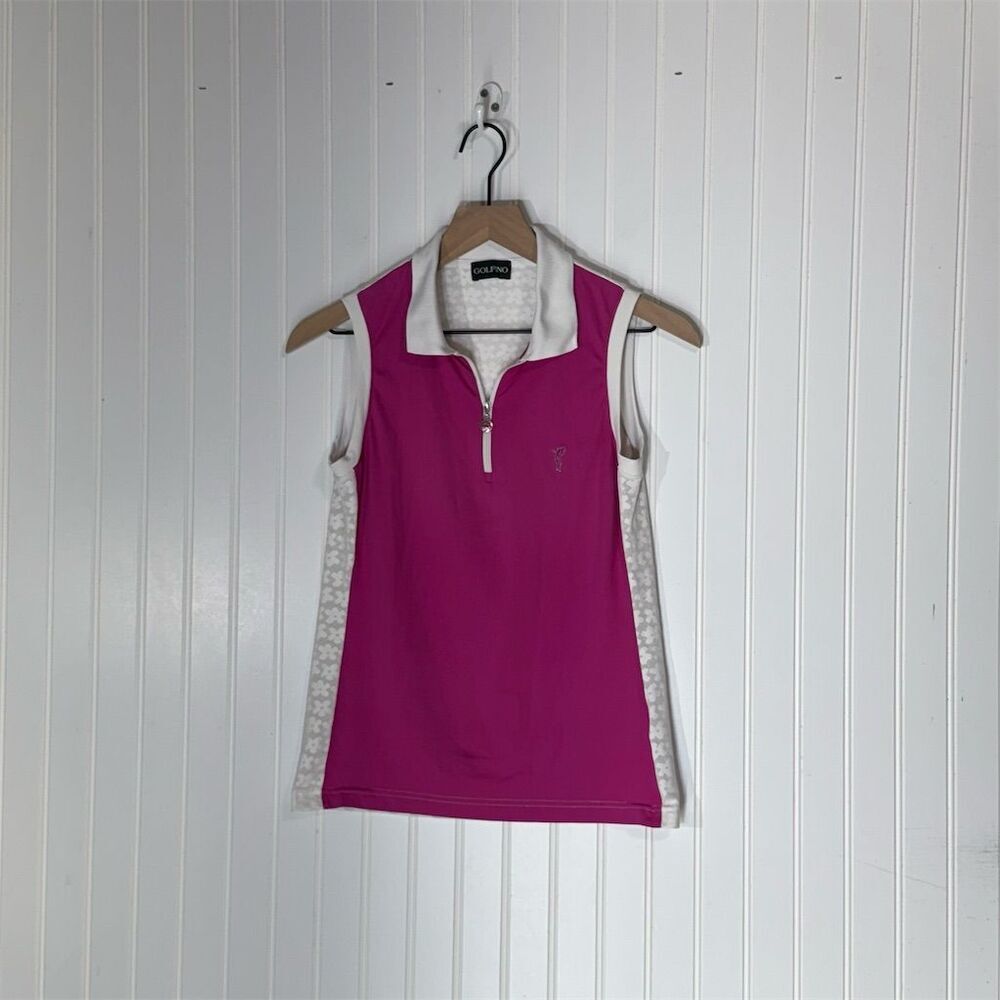 Golfino Women’s Sleeveless Polo Golf Shirt Pink White Floral Trim EUC Size M